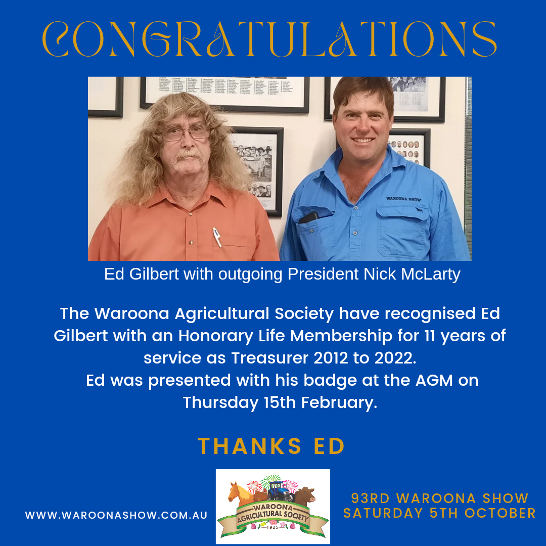 Former Treasurer Ed Gilbert receives Honorary Life Membership